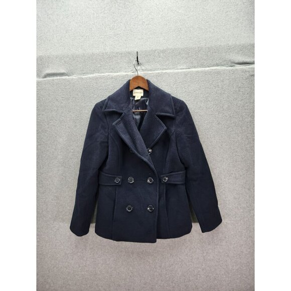 St. Johns Bay Womens Double-Breasted Peacoat Petite Small Navy Blue Wool Blend - Picture 1 of 5